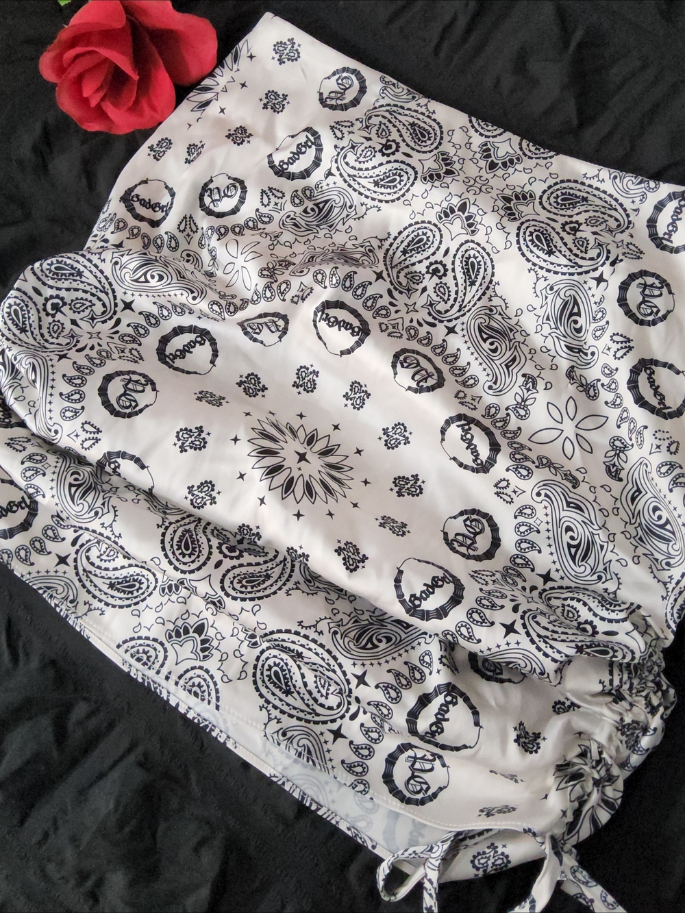 Dolls Kill Black and White Paisley Drawstring Mini Skirt